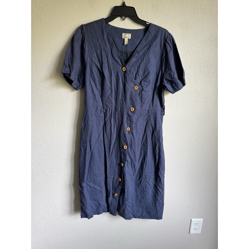Mo:Vint Navy Linen Blend A-Line Button Up Dress Womens L Vintage Inspired